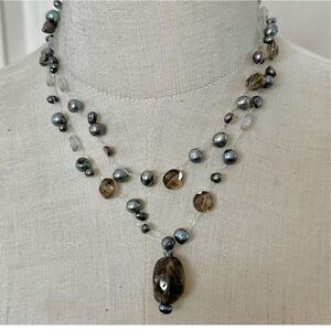 Pearl smoky quartz long beaded necklace